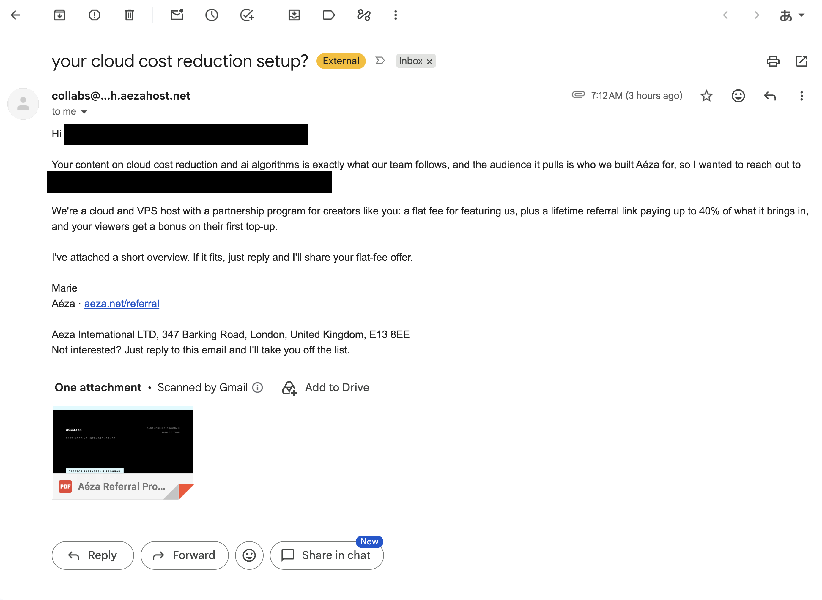 The pitch email that copied my public shingle into its subject line; real name and title redacted, the subject 'your cloud cost reduction setup?' and sender kept